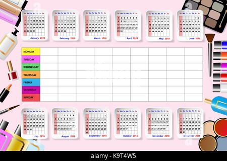 Calendar for 2018 and weekly schedule on pink background. The calendar is complemented by cosmetic tools. Stock Vector