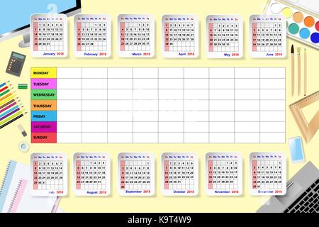 Calendar for 2018 and weekly schedule on yellow background. The calendar is complemented by education equipment. Stock Vector