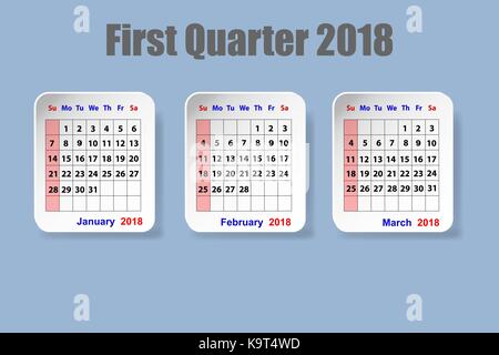 Calendar for first quarter of 2018 year on the blue background Stock Vector