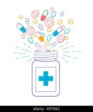 concept of treatment, pharmacy in the form of a bottle with tablets. Icon in the linear style Stock Vector