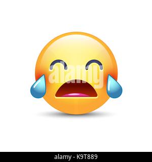 Loudly crying emoji. Smiley with closed eyes and with tears. Crying sad emoticon for application and chat. Stock Vector