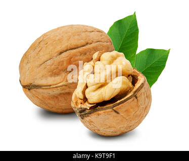 Walnuts with leaves isolated on white. With clipping path. Stock Photo