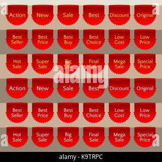 Sale ribbon set, ribbon banner, red ribbon bookmark, vector sale label. Action, New, Discount, Original, Best seller, Best price, Best choice Stock Vector