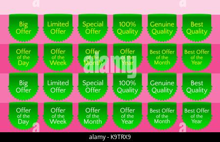Offer ribbon set, ribbon banner, green ribbon bookmark, vector quality label. Big offer, Limited offer, Special offer, Genuine quality, Best quality Stock Vector