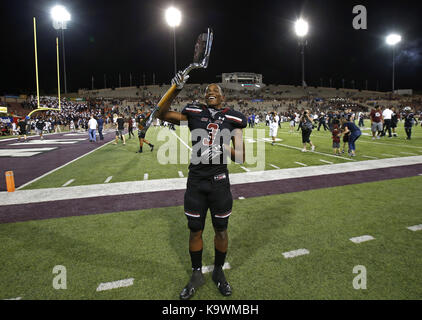 Las Cruces, NM, USA. 23rd Sep, 2017. New Mexico State running back Larry Rose III celebrates the victory 41-14 over UTEP in an NCAA college football game in Las Cruces, N.M., Saturday, Sep. 23, 2017. Credit: Andres Leighton/Albuquerque Journal/ZUMA Wire/Alamy Live News Stock Photo