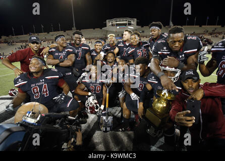 Las Cruces, NM, USA. 23rd Sep, 2017. New Mexico State players celebrate the victory 41-14 over UTEP in an NCAA college football game in Las Cruces, N.M., Saturday, Sep. 23, 2017. Credit: Andres Leighton/Albuquerque Journal/ZUMA Wire/Alamy Live News Stock Photo