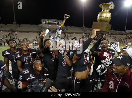 Las Cruces, NM, USA. 23rd Sep, 2017. New Mexico State players celebrate the victory 41-14 over UTEP in an NCAA college football game in Las Cruces, N.M., Saturday, Sep. 23, 2017. Credit: Andres Leighton/Albuquerque Journal/ZUMA Wire/Alamy Live News Stock Photo