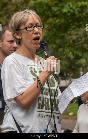 London, UK. 23rd Sep, 2017. London, UK. 23rd September 2017. Anne Cooper of Save Cressingham Gardens in Lambeth speaks at the rally in Tottenham before hundreds march to Finsbury Park against the so called Haringey Development Vehicle, under which Haringey Council is making a huge transfer of council housing to Australian multinational Lendlease. This will result in the imminent demolition of over 1,300 council homes on the Northumberland Park estate, followed by similar loss of social housing across the whole of the borough. At Â£2 billion, his is the largest giveaway of council housing Stock Photo