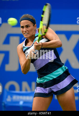 Wuhan, China. 24th September, 2017.  Monica Puig of Puerto Rico returns the ball during the singles' first round match against Mona Barthel of Germany at 2017 WTA Wuhan Open in Wuhan, capital of central China's Hubei Province, on Sept. 24, 2017. Monica Puig won 2-1. (Xinhua/Wang Peng)(wdz) Stock Photo