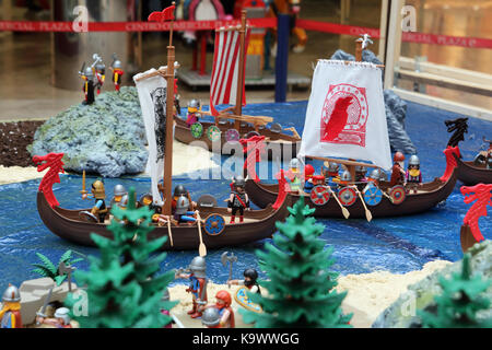 VIGO, SPAIN-September 23, 2017: Playmobil exhibition in a commercial centre, Vikings invading a medieval European city Stock Photo