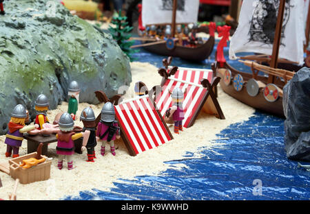 VIGO, SPAIN-September 23, 2017: Playmobil exhibition in a commercial centre, Vikings invading a medieval European city Stock Photo