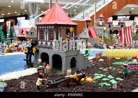 VIGO, SPAIN-September 23, 2017: Playmobil exhibition in a commercial centre, Vikings invading a medieval European city Stock Photo