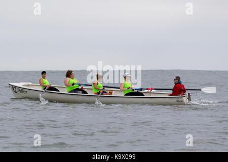 Aberystwyth, Ceredigion, Wales, UK 24th September 2017. UK Weather: Competitors in Aberystwyth rowing regatta endured high swells with a mixture of rain and dry conditions as they competed the course along Cardigan Bay just off Aberystwyth. © Ian Jones/Alamy Live News. Stock Photo