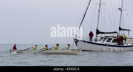 Aberystwyth, Ceredigion, Wales, UK 24th September 2017. UK Weather: Competitors in Aberystwyth rowing regatta endured high swells with a mixture of rain and dry conditions as they competed the course along Cardigan Bay just off Aberystwyth. © Ian Jones/Alamy Live News. Stock Photo