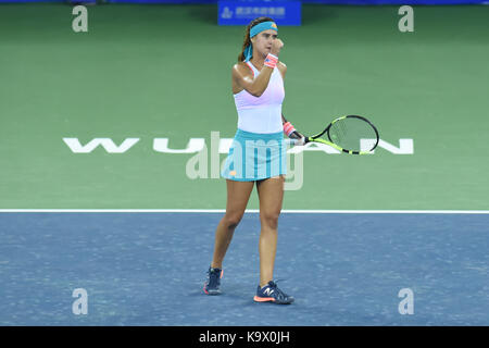 Wuhan, China. 24th September, 2017. Sorana Cirstea of Romania celebrates after the singles' first round match against Wang Yafan of China at 2017 WTA Wuhan Open in Wuhan, capital of central China's Hubei Province, on Sept. 24, 2017. Sorana Cirstea won 2-0. (Xinhua/Ou Dongqu)(wll) Stock Photo