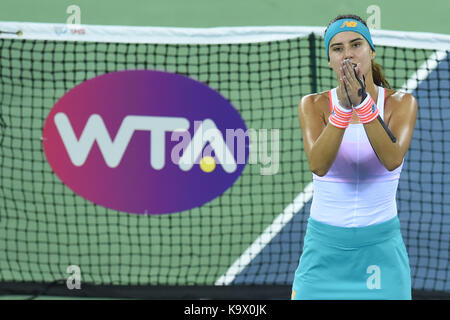 Wuhan, China. 24th September, 2017. Sorana Cirstea of Romania celebrates after the singles' first round match against Wang Yafan of China at 2017 WTA Wuhan Open in Wuhan, capital of central China's Hubei Province, on Sept. 24, 2017. Sorana Cirstea won 2-0. (Xinhua/Ou Dongqu)(wll) Stock Photo