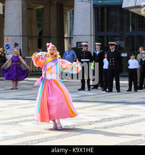 City of London, 24th Sept 2017. Donna Maria, 'Miss Maypole', a long time participant, dances around the Maypole. The annual Pearly Kings and Queens Harvest Festival at Guildhall Yard in the City of London,celebrate the bounty of the autumn harvest with traditional entertainment. Morris dancing, maypole dancing, marching bands and colourful characters at the traditional event Stock Photo