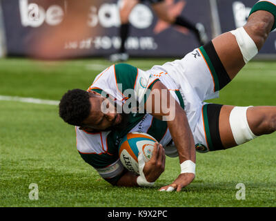 London, UK. 24th September, 2017. Andrew Durutalo scores a try, Ealing Trailfinders v London Scottish in a Greene King IPA Championship match at Castle Bar, Vallis Way, West Ealing, London, England, on 24th September 2017 Final score 72-12 Credit: Lissy Tomlinson/Alamy Live News Stock Photo