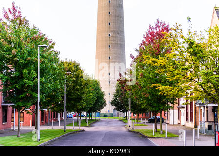 Northampton, UK - Sep 09, 2017: Northampton National lift tower over morning cityscape. Stock Photo