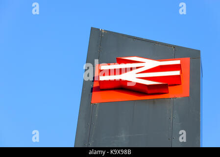 Northampton, UK - Sep 09, 2017: Low angle morning view of British Rail logo at Northampton Train Station. Stock Photo