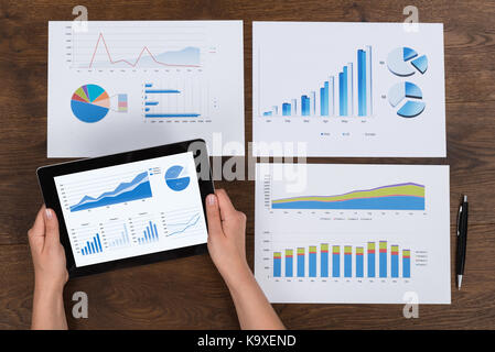 Close-up Of Person Hands Analyzing Financial Charts At Desk Stock Photo
