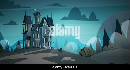 Gothic Castle House In Moonlight Scary Building With Ghosts Halloween Holiday Concept Stock Vector