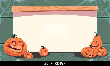 Happy Halloween Banner Different Pumpkins Over White Copy Space Traditional Decoration Greeting Card Stock Vector