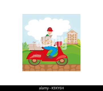 pizza delivery man on a motorcycle Stock Vector