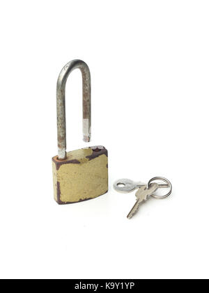 Padlock with keys isolated on a white background, metal padlock Stock Photo