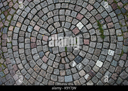 Cobblestones laid out in the shape of a circle seen from above. Perfect to use as a patterned background. Stock Photo