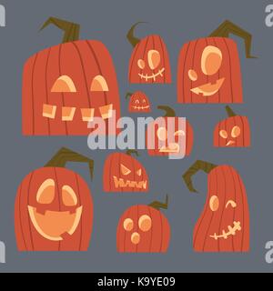 Different Pumpkins Faces Icons Set Happy Halloween Traditional Symbol Jack Lanterns Collection Stock Vector