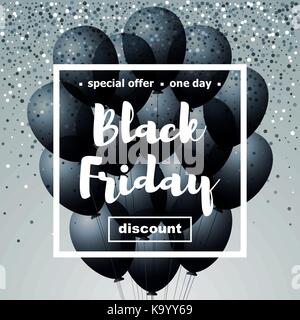 Black friday sale Poster with shiny black balloons on grey background with confetti White square frame with special offer for black friday Vector illu Stock Vector