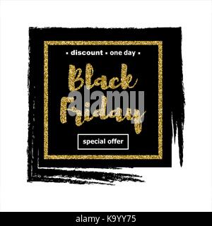 Black friday sale Poster with black stroke on white background Golden square frame wich the golden inscription Black friday and special offer Vector i Stock Vector