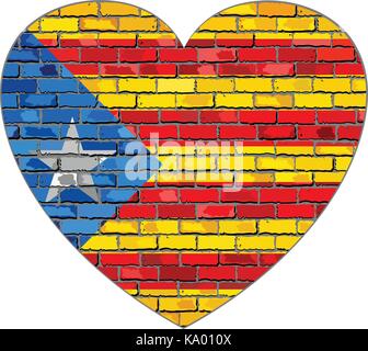 Flag of Catalonia on a brick wall in heart shape - Illustration, Abstract grunge Catalonia flag Stock Vector