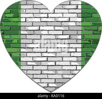Flag of Nigeria on a brick wall in heart shape - Illustration, Abstract grunge Nigeria flag Stock Vector