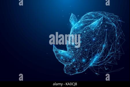 Rhino from lines and triangles, point connecting network on blue background. Illustration vector Stock Vector