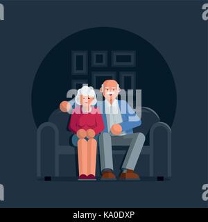 Happy elderly couple sitting on a sofa together. Vector character illustration. Stock Vector
