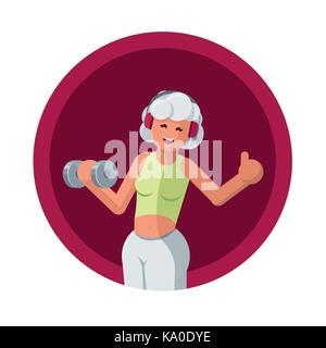 Fitness concept illustration. Beautiful white hair senior woman training with dumbbell and listening to the music with headphones. Vector flat illustr Stock Vector