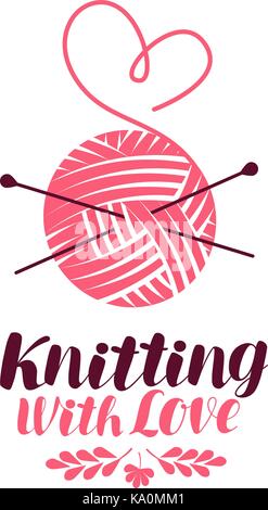 Knitting logo or symbol. Ball of yarn with needles, knit icon. Lettering vector illustration Stock Vector