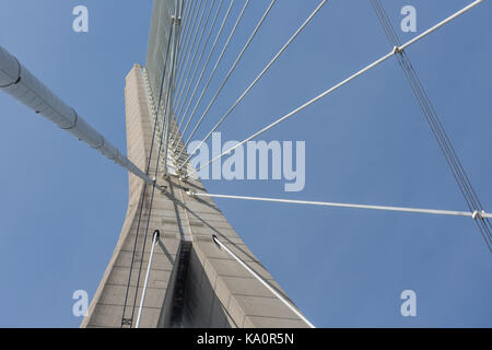 Pylon with steel cables from French bridge Pont de Normandie over river Seine Stock Photo