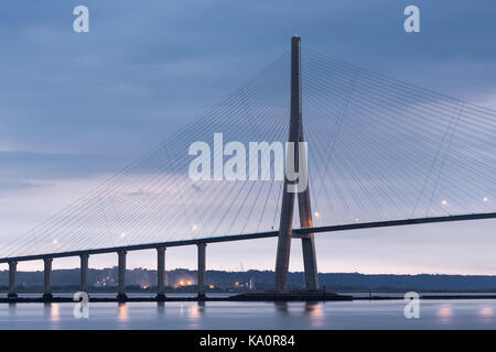 Sunrise view at Pont de Normandie, bridge over river Seine between Le Havre and Honfleur in France Stock Photo