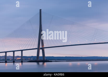 Sunrise view at Pont de Normandie, bridge over river Seine between Le Havre and Honfleur in France Stock Photo