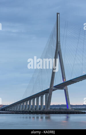 Sunrise view at Pont de Normandie, bridge over river Seine between Le Havre and Honfleur in France Stock Photo