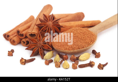 Aromatic cinnamon with star anise and other spices over white background Stock Photo