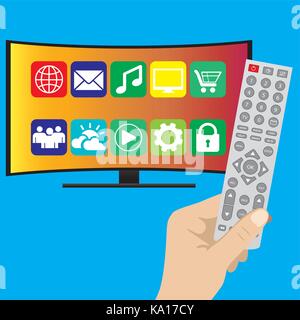 Hand holding remote control and curved ultra HD TV, flat vector illustration on blue background Stock Vector