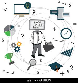 Office man with TV head  concept background,word profit on screen, Vector illustration Stock Vector