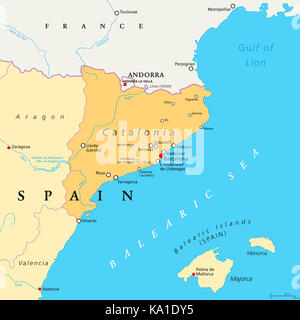 Catalonia political map with capital Barcelona, borders and important cities. Autonomous community of Spain. Illustration. Stock Photo