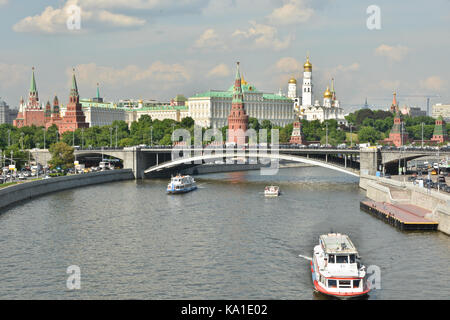 Pleasure craft near the Moscow Kremlin. The embankment of the Moscow river near the Kremlin. Stock Photo
