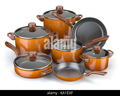 Pots and pans. Set of cooking kitchen utensils and cookware. 3d illustration Stock Photo