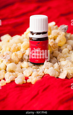 VILNIUS, LITHUANIA - 21 SEPTEMBER, 2017: Bottle of Young Living Frankincense100% Pure Essential Oil and Frankincense resin from Oman Stock Photo